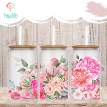 Load image into Gallery viewer, Pink Peonies Coffee Cup, Pink Floral Glass Iced Coffee Cup with Bamboo Lid and Straw, Iced Coffee Glass, Gift for Friend, Aesthetic
