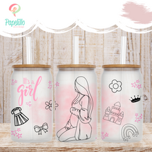 Load image into Gallery viewer, It's a Girl Coffee Cup, Pregnant Glass Iced Coffee Cup with Bamboo Lid and Straw, Iced Coffee Glass, Gift for Friend, Coffee Aesthetic