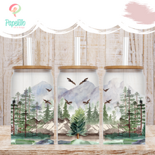Load image into Gallery viewer, Mountain Trees Coffee Cup, Woodland Pine Tree Glass Iced Coffee Cup with Bamboo Lid and Straw, Iced Coffee Glass, Gift for Friend, Aesthetic