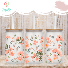 Load image into Gallery viewer, Peach Floral Glass Coffee Cup, Farmhouse Glass Iced Coffee Cup with Bamboo Lid and Straw, Gift for Friend, Coffee Aesthetic, Gardner Gift