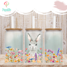 Load image into Gallery viewer, Easter Rabbit Glass Coffee Cup, Bunny Floral Iced Coffee Cup with Bamboo Lid and Straw, Easter Gift, Coffee Aesthetic 16oz