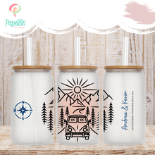 Load image into Gallery viewer, Personalized Adventure Glass Coffee Cup, Mountain Glass Iced Coffee Cup with Bamboo Lid and Straw, Iced Coffee Glass, Gift Friend, Coffee Aesthetic