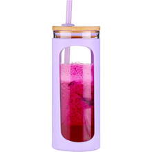 Load image into Gallery viewer, Engraved Custom Glass Tumbler with Bamboo Lid and Straw, Silicone Sleeve, Gift for Her, Bridesmaid Gift, 20oz, Personalized Water Bottle