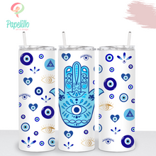 Load image into Gallery viewer, Turkish Evil Eye Tumbler, Hamsa Hand Skinny Tumbler, Stainless Steel, Drinking Cups, Birthday Gift, Vacation Girls, Trip Bachelorette, 20oz