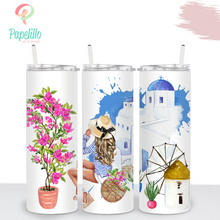 Load image into Gallery viewer, Santorini Greece Tumbler, Vacation Travel Custom, Stainless Steel Drinking Cups, Birthday Gift, Trip Bachelorette 20oz
