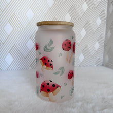 Load image into Gallery viewer, Mushroom Glass Coffee Cup, Mushroom Glass Iced Coffee Cup with Bamboo Lid and Straw, Iced Coffee Glass, Gift for Friend, Coffee Aesthetic 16oz