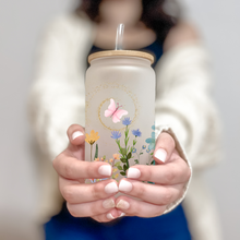 Load image into Gallery viewer, Spring Floral Glass Coffee Cup, Blush Wildflower Glass Iced Coffee Cup with Bamboo Lid and Straw, Butterfly Coffee Gift for Friend 16oz Aesthetic