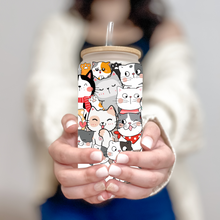 Load image into Gallery viewer, Cute Cats Coffee Cup, Cats Glass Iced Coffee Cup with Bamboo Lid and Straw, Iced Coffee Glass, Gift for Friend, Coffee Aesthetic
