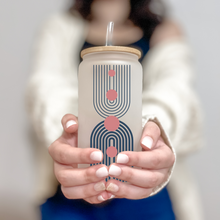 Load image into Gallery viewer, Boho Pink Abstrac Glass Coffee Cup, Boho Glass Iced Coffee Cup with Bamboo Lid and Straw, Iced Coffee Glass, Gift for Friend, Coffee Aesthetic