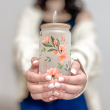 Load image into Gallery viewer, Peach Floral Glass Coffee Cup, Farmhouse Glass Iced Coffee Cup with Bamboo Lid and Straw, Gift for Friend, Coffee Aesthetic, Gardner Gift