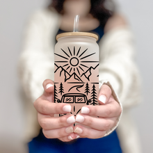 Load image into Gallery viewer, Personalized Adventure Glass Coffee Cup, Mountain Glass Iced Coffee Cup with Bamboo Lid and Straw, Iced Coffee Glass, Gift Friend, Coffee Aesthetic