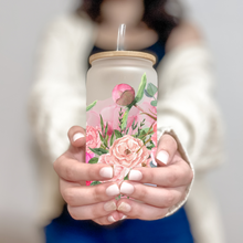 Load image into Gallery viewer, Pink Peonies Coffee Cup, Pink Floral Glass Iced Coffee Cup with Bamboo Lid and Straw, Iced Coffee Glass, Gift for Friend, Aesthetic