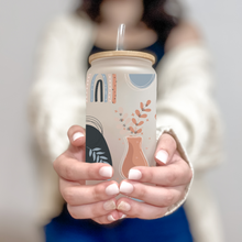 Load image into Gallery viewer, Boho Abstrac Glass Coffee Cup, Boho Glass Iced Coffee Cup with Bamboo Lid and Straw, Iced Coffee Glass, Gift for Friend, Coffee Aesthetic