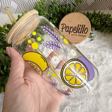 Load image into Gallery viewer, Lavender Lemon Glass Coffee Cup, Glass Iced Coffee Cup with Bamboo Lid and Straw, Iced Coffee Glass, Gift for Friend, Aesthetic UV DTF