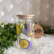 Load image into Gallery viewer, Lavender Lemon Glass Coffee Cup, Glass Iced Coffee Cup with Bamboo Lid and Straw, Iced Coffee Glass, Gift for Friend, Aesthetic UV DTF