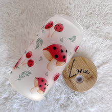 Load image into Gallery viewer, Mushroom Glass Coffee Cup, Mushroom Glass Iced Coffee Cup with Bamboo Lid and Straw, Iced Coffee Glass, Gift for Friend, Coffee Aesthetic 16oz