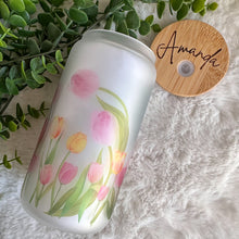 Load image into Gallery viewer, Tulip Floral Glass Coffee Cup, Floral Glass Iced Coffee Cup with Bamboo Lid and Straw, Iced Coffee Glass, Gift for Friend, Coffee Aesthetic