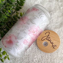 Load image into Gallery viewer, Spring Floral Glass Coffee Cup, Glass Iced Coffee Cup with Bamboo Lid and Straw, Iced Coffee Glass, Gift for Friend, Coffee Aesthetic