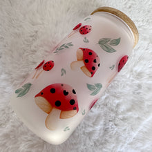 Load image into Gallery viewer, Mushroom Glass Coffee Cup, Mushroom Glass Iced Coffee Cup with Bamboo Lid and Straw, Iced Coffee Glass, Gift for Friend, Coffee Aesthetic 16oz