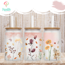 Load image into Gallery viewer, Fall Floral Glass Coffee Cup, Fall Glass Iced Coffee Cup with Bamboo Lid and Straw, Iced Coffee Glass, Gift for Friend, Coffee Aesthetic 16oz