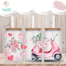 Load image into Gallery viewer, Motorcycle Glass Coffee Cup, Floral and Heart Glass Iced Coffee Cup with Lid and Straw, Iced Coffee Glass, Gift for Friend, Coffee Aesthetic 16oz