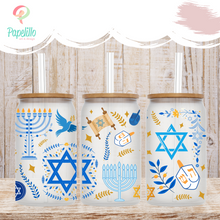 Load image into Gallery viewer, Hanukkah Glass Coffee Cup, Hanukkah Iced Coffee Cup with Bamboo Lid and Straw, Iced Coffee Glass, Gift for Friend, Coffee Aesthetic 16oz