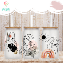 Load image into Gallery viewer, Woman Line Art Glass Coffee Cup, Glass Iced Coffee Cup with Bamboo Lid and Straw, Iced Coffee Glass, Gift for Friend, Coffee Aesthetic