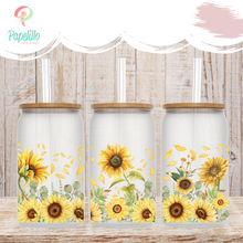 Load image into Gallery viewer, Sunflower Glass Coffee Cup, Sunflower Glass Iced Coffee Cup with Bamboo Lid and Straw, Iced Coffee Glass, Gift for Friend, Coffee Aesthetic