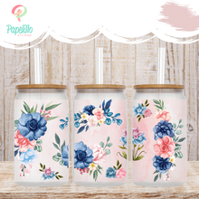 Load image into Gallery viewer, Blue Flower Glass Coffee Cup, Garden Glass Iced Coffee Cup with Bamboo Lid and Straw, Iced Coffee Glass, Gift for Friend, Coffee Aesthetic 16oz