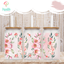 Load image into Gallery viewer, Floral Glass Coffee Cup, Garden Glass Iced Coffee Cup with Bamboo Lid and Straw, Iced Coffee Glass, Gift for Friend, Coffee Aesthetic 16oz