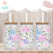 Load image into Gallery viewer, Floral Glass Coffee Cup, Hydrangea Garden Glass Iced Coffee Cup with Bamboo Lid and Straw, Gift for Friend, Iced Coffee, Coffee Aesthetic