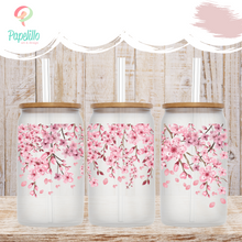 Load image into Gallery viewer, Cherry Blossom Glass Coffee Cup, Cherry Blossom Glass Iced Coffee Cup with Bamboo Lid and Straw, Gift for Friend, Coffee Aesthetic