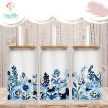 Load image into Gallery viewer, Floral Glass Coffee Cup, Blue Floral Glass Iced Coffee Cup with Bamboo Lid and Straw, Iced Coffee Glass, Gift for Friend, Coffee Aesthetic