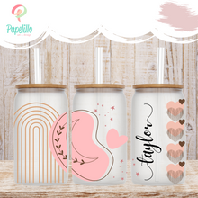 Load image into Gallery viewer, Boho Glass Coffee Cup, Moon Glass Iced Coffee Cup with Bamboo Lid and Straw, Iced Coffee Glass, Gift for Friend, Coffee Aesthetic 16oz