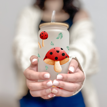 Load image into Gallery viewer, Mushroom Glass Coffee Cup, Mushroom Glass Iced Coffee Cup with Bamboo Lid and Straw, Iced Coffee Glass, Gift for Friend, Coffee Aesthetic 16oz