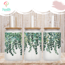 Load image into Gallery viewer, Eucalyptu Glass Coffee Cup, Eucalyptus Glass Iced Coffee Cup with Bamboo Lid and Straw, Iced Coffee Glass, Gift for Friend, Coffee Aesthetic