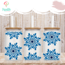 Load image into Gallery viewer, Mandala Glass Coffee Cup, Mandala Boho Glass Iced Coffee Cup with Bamboo Lid and Straw, Iced Coffee Glass, Gift for Friend, Coffee Aesthetic