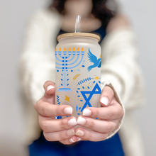 Load image into Gallery viewer, Hanukkah Glass Coffee Cup, Hanukkah Iced Coffee Cup with Bamboo Lid and Straw, Iced Coffee Glass, Gift for Friend, Coffee Aesthetic 16oz