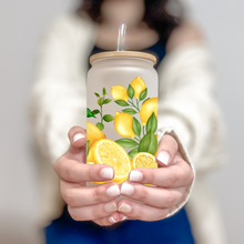 Load image into Gallery viewer, Lemon Glass Coffee Cup, Lemon Border Glass Iced Coffee Cup with Bamboo Lid and Straw, Iced Coffee Glass, Gift for Friend, Coffee Aesthetic 16oz