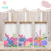 Load image into Gallery viewer, Floral Glass Coffee Cup, Hydrangea Glass Iced Coffee Cup with Bamboo Lid and Straw, Iced Coffee Glass, Gift for Friend, Coffee Aesthetic