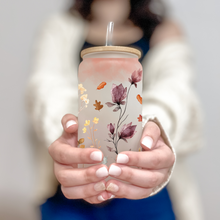 Load image into Gallery viewer, Fall Floral Glass Coffee Cup, Fall Glass Iced Coffee Cup with Bamboo Lid and Straw, Iced Coffee Glass, Gift for Friend, Coffee Aesthetic 16oz