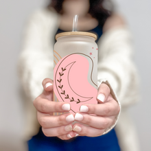 Load image into Gallery viewer, Boho Glass Coffee Cup, Moon Glass Iced Coffee Cup with Bamboo Lid and Straw, Iced Coffee Glass, Gift for Friend, Coffee Aesthetic 16oz