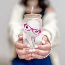 Load image into Gallery viewer, Elephant Glass Coffee Cup, Cute Elephant Glass Iced Coffee Cup with Bamboo Lid and Straw, Iced Coffee Glass, Gift Friend, Coffee Aesthetic 16oz