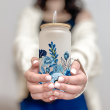 Load image into Gallery viewer, Floral Glass Coffee Cup, Blue Floral Glass Iced Coffee Cup with Bamboo Lid and Straw, Iced Coffee Glass, Gift for Friend, Coffee Aesthetic