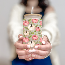 Load image into Gallery viewer, Fall Pumpkin Glass Coffee Cup, Pumpkin Glass Iced Coffee Cup with Bamboo Lid and Straw, Iced Coffee Glass, Gift for Friend, Coffee Aesthetic