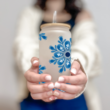 Load image into Gallery viewer, Mandala Glass Coffee Cup, Mandala Boho Glass Iced Coffee Cup with Bamboo Lid and Straw, Iced Coffee Glass, Gift for Friend, Coffee Aesthetic