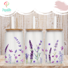 Load image into Gallery viewer, Lavender Glass Coffee Cup, Lavender Field Glass Iced Coffee Cup with Bamboo Lid and Straw, Iced Coffee, Gift for Friend, Coffee Aesthetic