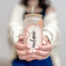 Load image into Gallery viewer, Boho Glass Coffee Cup, Boho Glass Iced Coffee Cup with Bamboo Lid and Straw, Iced Coffee Glass, Gift for Friend, Coffee Aesthetic 16oz