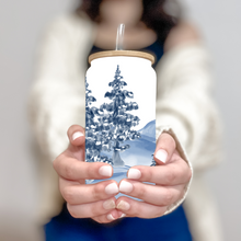 Load image into Gallery viewer, Mountain Tree Glass Coffee Cup, Glass Iced Coffee Cup with Bamboo Lid and Straw, Iced Coffee Glass, Gift for Friend, Coffee Aesthetic