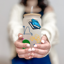 Load image into Gallery viewer, Teacher Glass Coffee Cup, Math Teacher Glass Iced Coffee Cup with Bamboo Lid and Straw, Iced Coffee Glass, Gift for Friend, Coffee Aesthetic 16oz